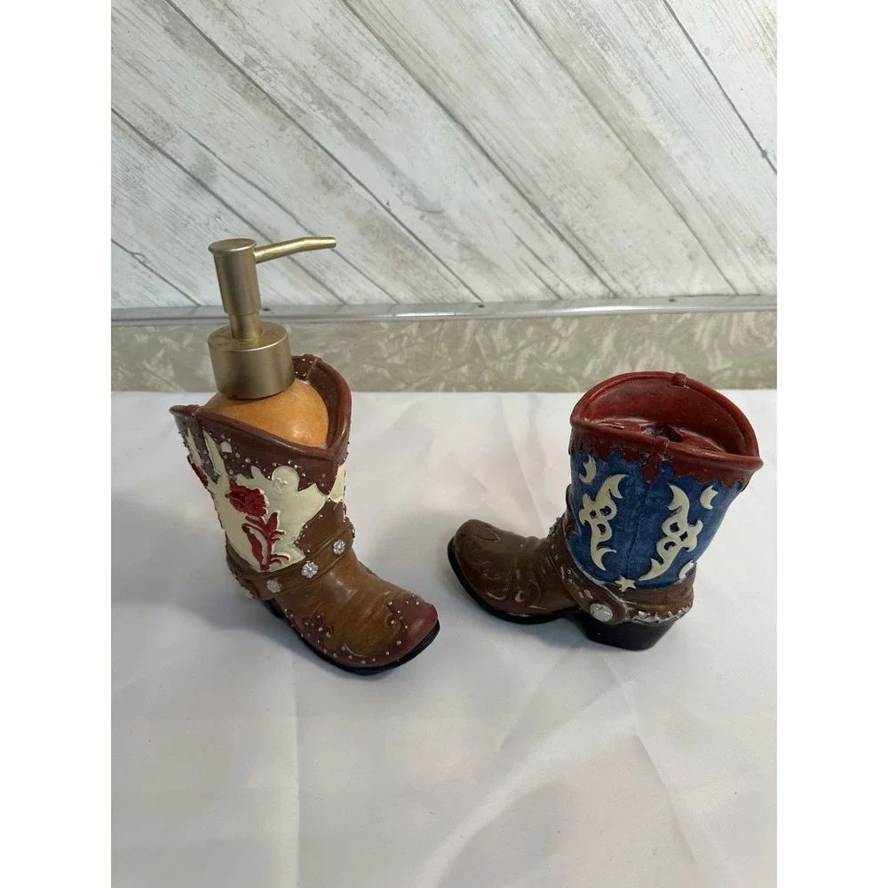 Boot Soap Dispenser & Toothbrush Holder Set Western Country Bathroom Decor